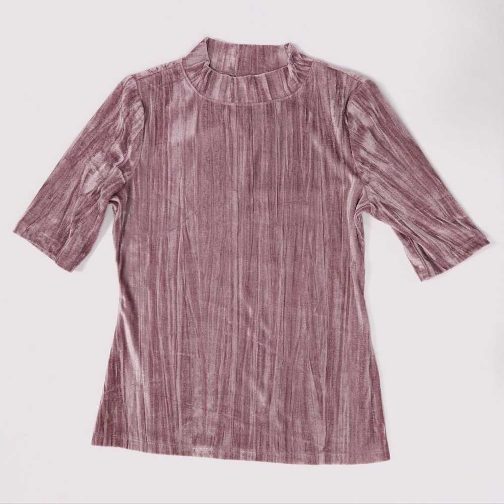 Pilcro Anthropologie NWT Velvet Short Sleeved Mocked Neck Top Shirt Rose Pink XS